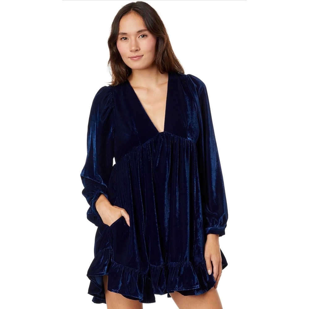 Free People Ponderosa Velvet Mini Dress Navy Blue V-Neck Babydoll OB81664709 S